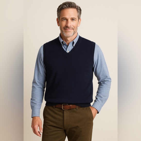 ORVIS 100% Merino Wool Navy Knit Sleeveless V Neck Sweater Vest L - Picture 1 of 6